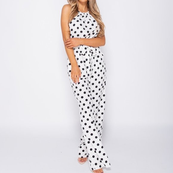 White Polka Dot Sleeveless Open Back Wide Leg Jumpsuit - Picture 2 of 9
